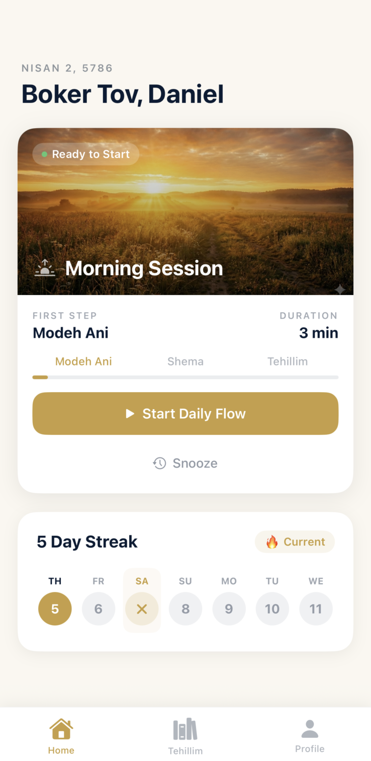 Torah Lock home screen showing Morning Session ready to start
