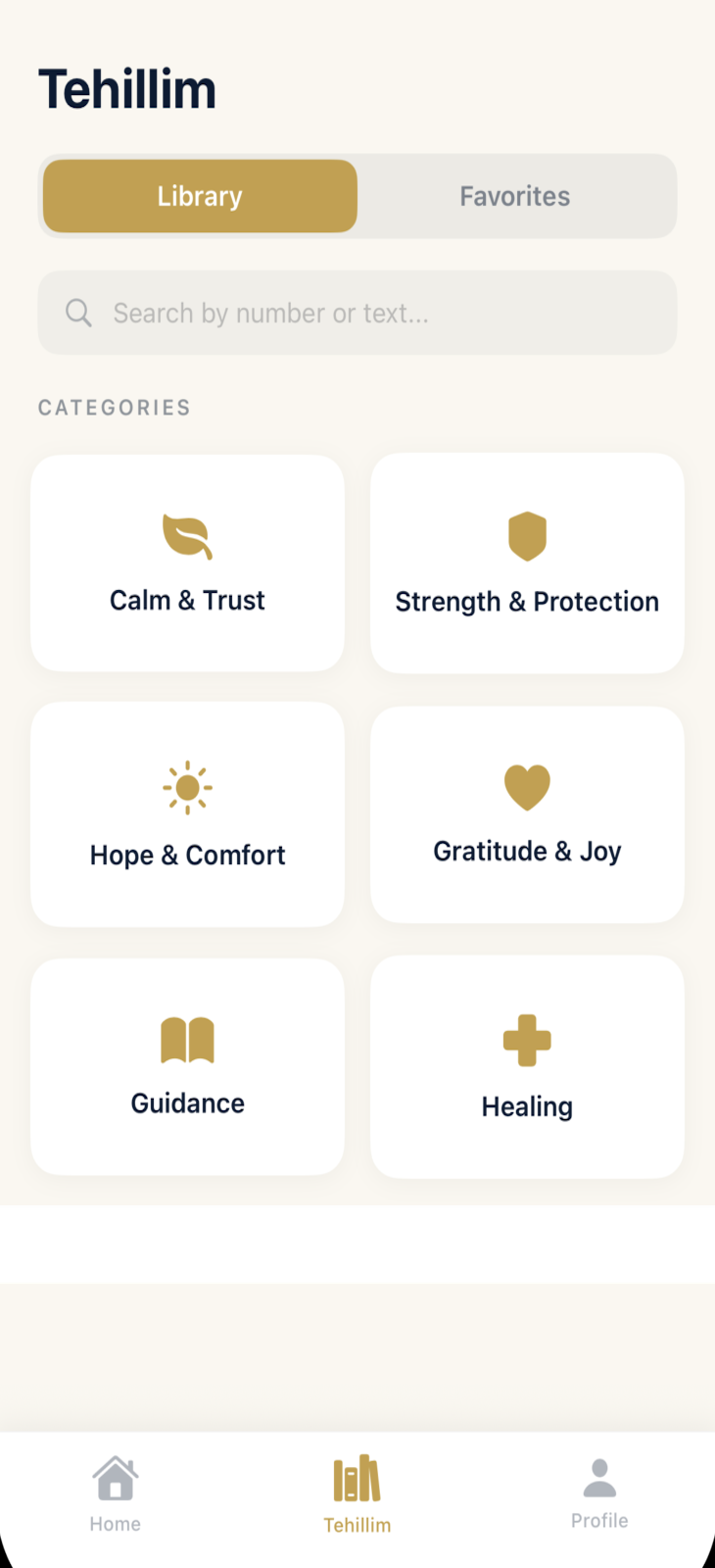 Tehillim psalm library organized by categories like Calm, Trust, and Hope