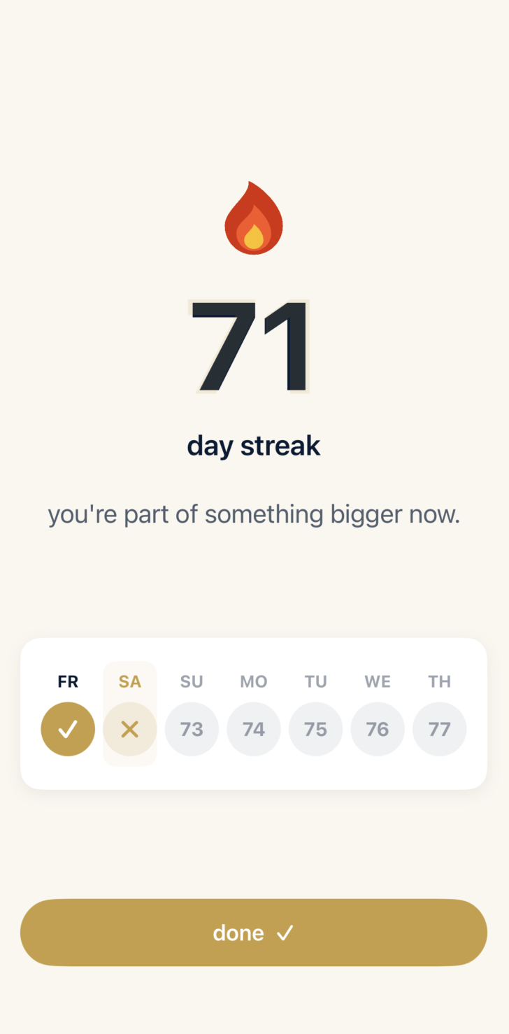 71 day prayer streak celebration in Torah Lock app